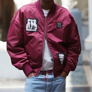 THE METROPOLITAN MUSEUM OF ART BURGUNDY SATIN SOUVENIR BOMBER JACKET!